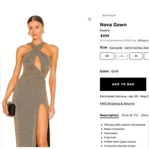 Revolve Nookie One-Shoulder Gold Crisscross Gown with Thigh Slit Small